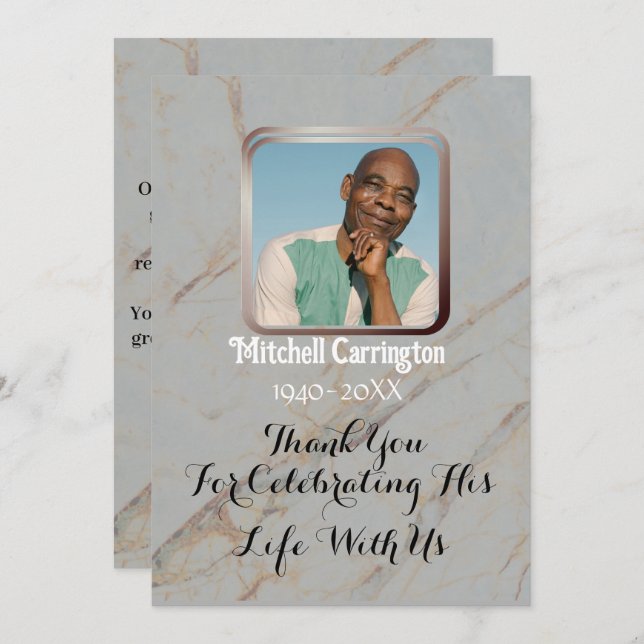 Carte De Remerciements Elégante photo moderne en marbre gris (Devant / Derrière)