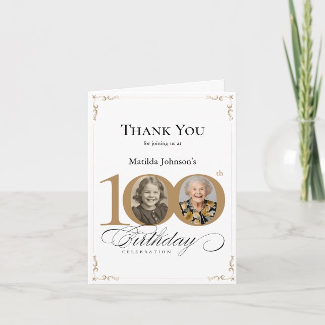 Carte De Remerciements Elégante photo personnalisée 100e anniversaire (Devant)