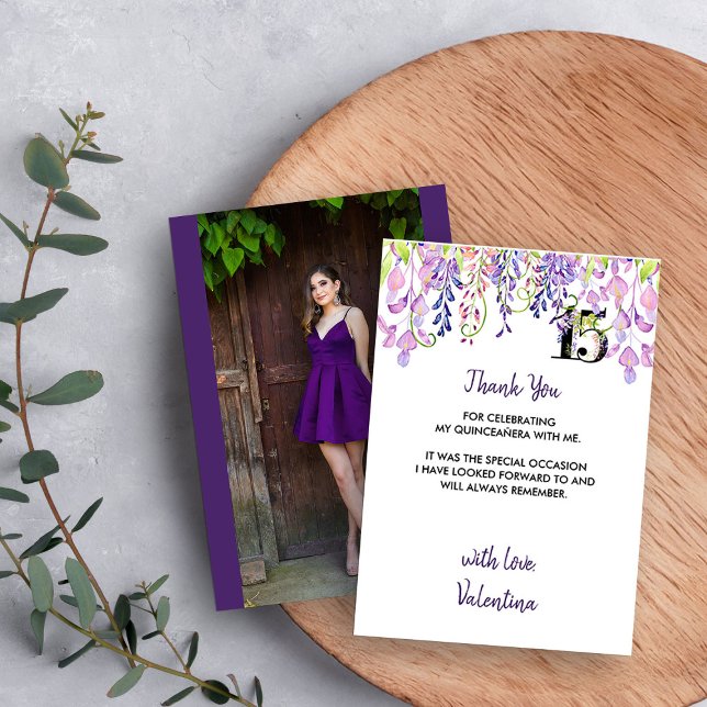 Carte De Remerciements Elégante purple Wisteria Quinceanera Photo (Photo Thank You Card from my Purple Wisteria Quinceanera Collection
)