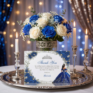 Carte De Remerciements Elégante Quinceañera bleu royal et roses argentées