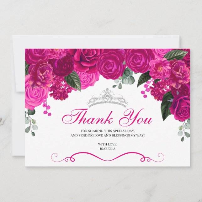 Carte De Remerciements Elégante Quinceanera florale rose Fuchsia argent (Devant)