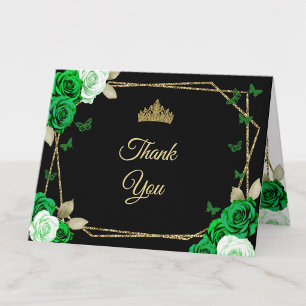 Carte De Remerciements Élégante Quinceanera Or Noir Roses Vertes