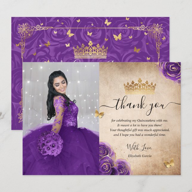 Carte De Remerciements Élégante Quinceañera Violet et Or Photo Anniversai (Devant / Derrière)