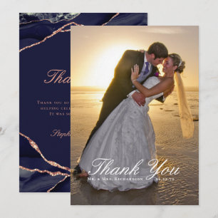 Carte De Remerciements Élégante Rose en or Navy Photo de mariage en agate
