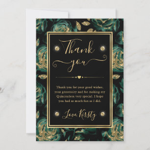 Carte De Remerciements Élégante rose florale verte et dorée Quinceanera