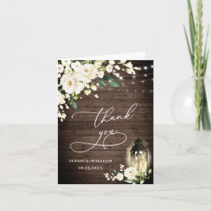 Carte De Remerciements Élégante Roses blanches Lanterne en bois rustique