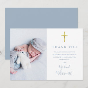 Carte De Remerciements Élégante signature photo script baptême bleu pouss