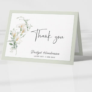 Carte De Remerciements Élégante Simple Arum Eucalyptus Sympathie