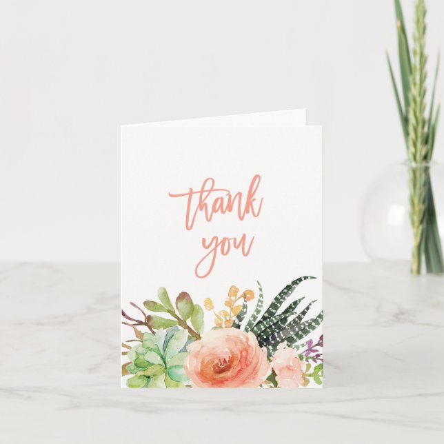 Carte De Remerciements Élégante Succulente Aquarelle  | Mariage Remerciem (Devant)