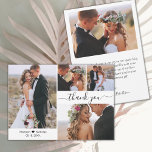 Carte De Remerciements Élégante typographie de script 4 Photo Collage Mar<br><div class="desc">Élégant Script minimaliste moderne 4 Photo Collage Mariage Carte de remerciements. Élégant modèle mariage avec 4 (quatre) photos sur le devant et une photo sur le dos. Avec le texte "Merci" dans une main tourbillonnant lettrage police de script de typographie avec la queue de swash en couleur noire sur arrière...</div>