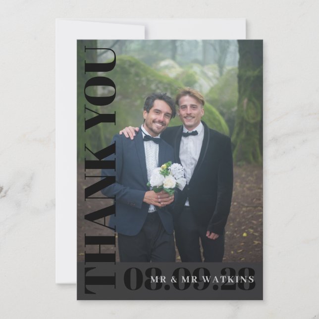 Carte De Remerciements Élégante Typographie du Charbon Photo Mariage (Devant)
