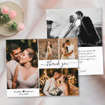 Carte De Remerciements Élégante typographie Script Mariage 4 Photo Collag<br><div class="desc">Elégant, minimaliste Mariage Lettré à la main 4 Photo Collage Carte de remerciements. Élégant modèle mariage avec quatre photos sur le devant et une photo sur le dos. Avec le texte "Merci" dans une police de script de typographie tourbillonnant avec swash ou en noir sur arrière - plan blanc. Personnalisez...</div>