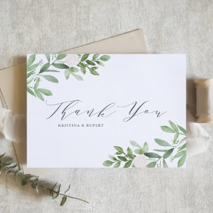 Carte De Remerciements Élégante verdure et fleurs blanches mariage gris
