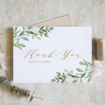 Carte De Remerciements Élégante verdure et fleurs blanches Mariage or<br><div class="desc">Envoyez des remerciements avec ce carte de remerciements de verdure simple. Il présente des illustrations aquarelle de verdure et de fleurs blanches avec un motif vert assorti. Ce carte de remerciements verdoyant est parfait pour les mariages printaniers, les diplômes, les baby showers, les douches nuptiales et bien plus encore. Personnalisez...</div>