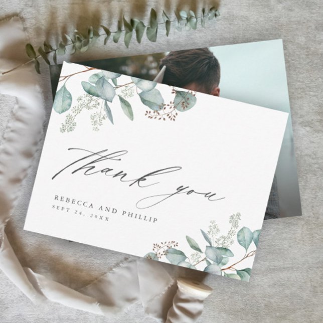 Carte De Remerciements Elégante verdure Eucalyptus Mariage Photo (Elegant Eucalyptus Greenery Wedding Photo Thank You Cards.)