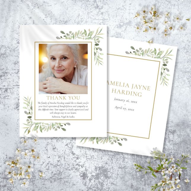 Carte De Remerciements Elégante verdure Gold Funeral Photo (Elegant Greenery Gold Funeral Photo Thank You Card)
