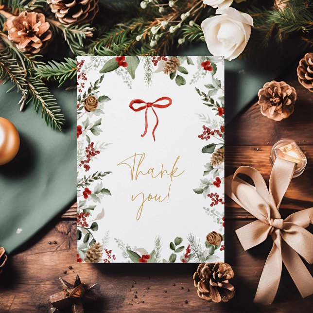 Carte De Remerciements Élégante verdure hivernale et Baby shower Holly (Christmas Baby Shower Thank you card)