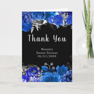 Carte De Remerciements Élégantes fleurs bleues et argentées pour un Sweet