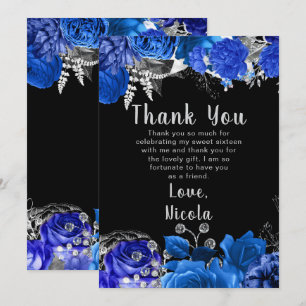 Carte De Remerciements Élégantes fleurs bleues et argentées Sweet Sixteen