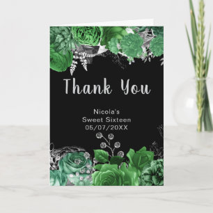 Carte De Remerciements Élégantes fleurs vertes et argent pour un Sweet Si
