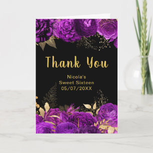 Carte De Remerciements Élégantes fleurs violettes et dorées Sweet Sixteen