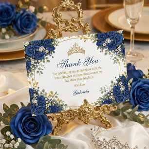 Carte De Remerciements Élégantes Roses Bleu Royal Quinceañera Dorées