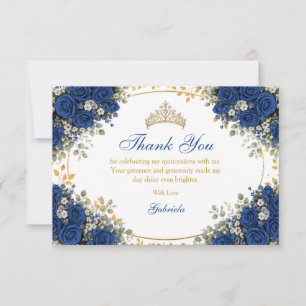 Carte De Remerciements Élégantes Roses Bleu Royal Quinceañera Dorées