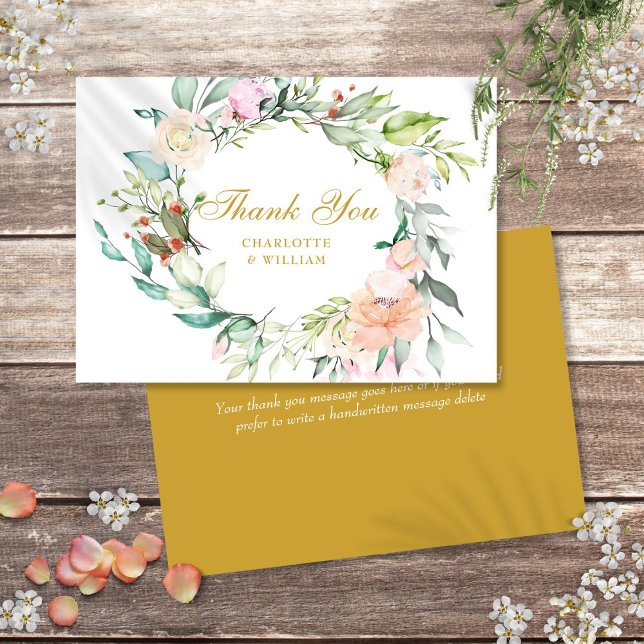 Carte De Remerciements Élégantes roses de remerciement en guirlande flora (Elegant Gold Script Thank You Roses Floral Garland)