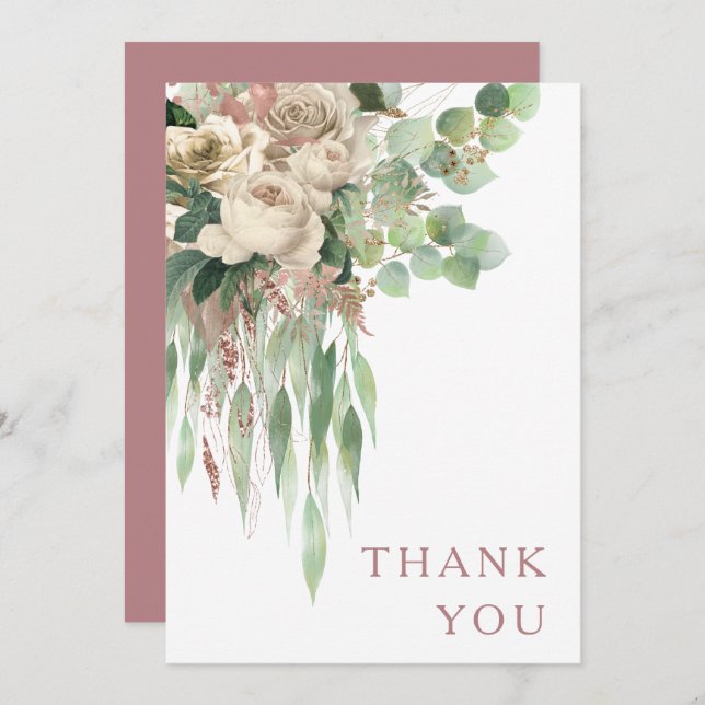 Carte De Remerciements Élégantes Roses Fleurs Roses Mariage  (Devant / Derrière)