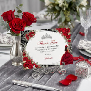 Carte De Remerciements Élégantes Roses Rouges et Diadème Argenté Quinceañ