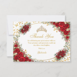Carte De Remerciements Élégantes Roses Rouges Papillons Dorés Quinceañera