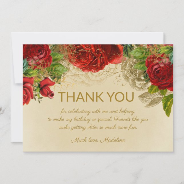 Carte De Remerciements Élégantes roses rouges vintage pour anniversaire M (Devant)