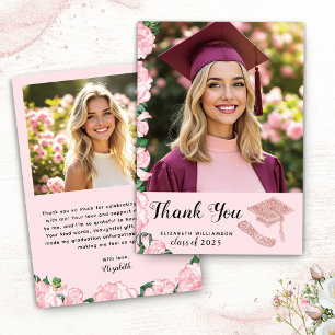 Carte De Remerciements Élégants diplômés Photo Floral Pink Graduation