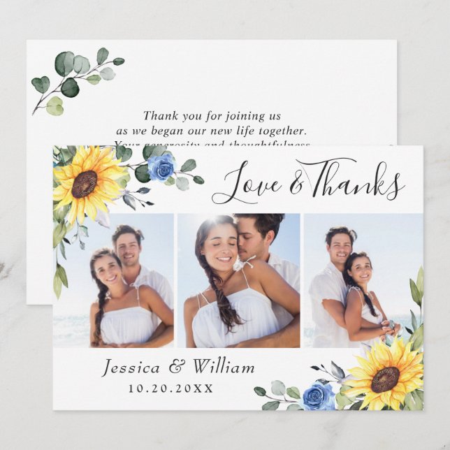 Carte De Remerciements Elegants Tournesols Eucalyptus Verdure 3 PHOTO (Devant / Derrière)