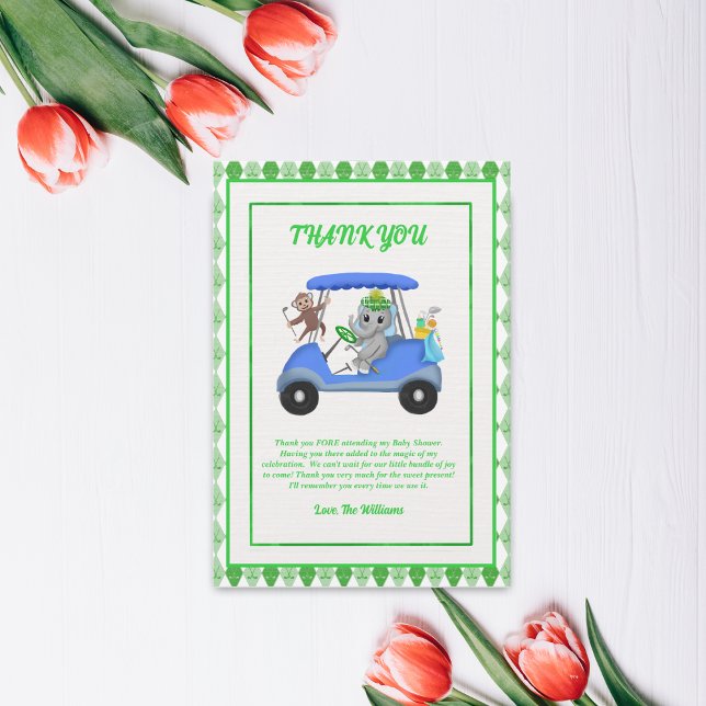 Carte De Remerciements Élément garçon éléphant & singe golf Baby Shower (Créateur téléchargé)