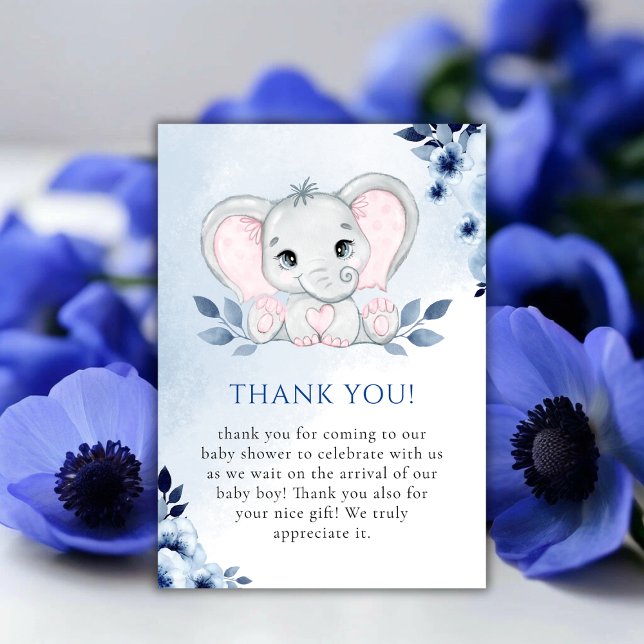 Carte De Remerciements Elephant Avec Bleu Anemones Baby shower Garçon (Elephant With Blue Anemones Boy Baby Shower Thank You Card)
