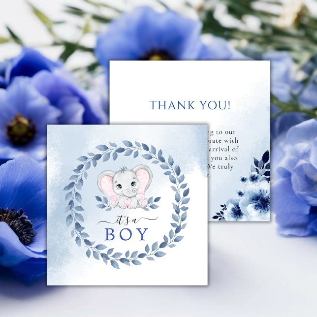 Carte De Remerciements Elephant Avec Bleu Anemones Baby shower Garçon (Elephant With Blue Anemones Boy Baby Shower Thank You Card!)