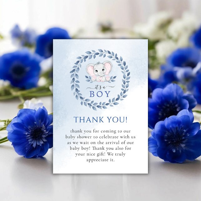 Carte De Remerciements Elephant Avec Bleu Anemones Baby shower Garçon (Elephant With Blue Anemones Boy Baby Shower Thank You Card)