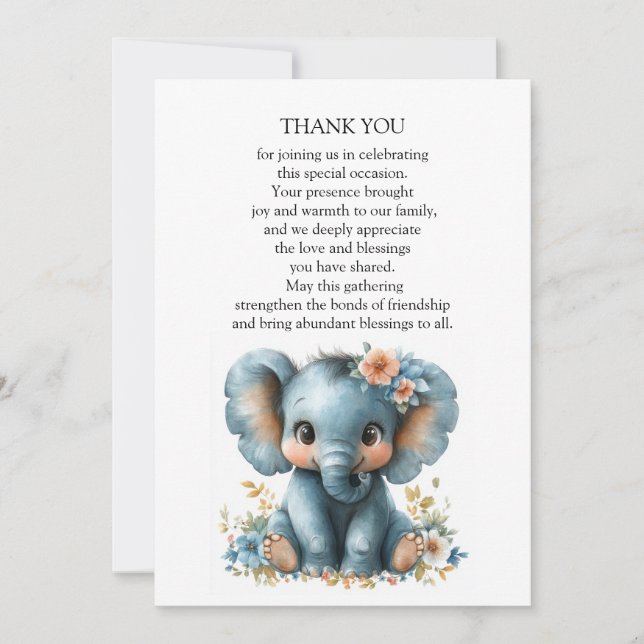 Carte De Remerciements Eléphant Bébé En Fleurs (Devant)