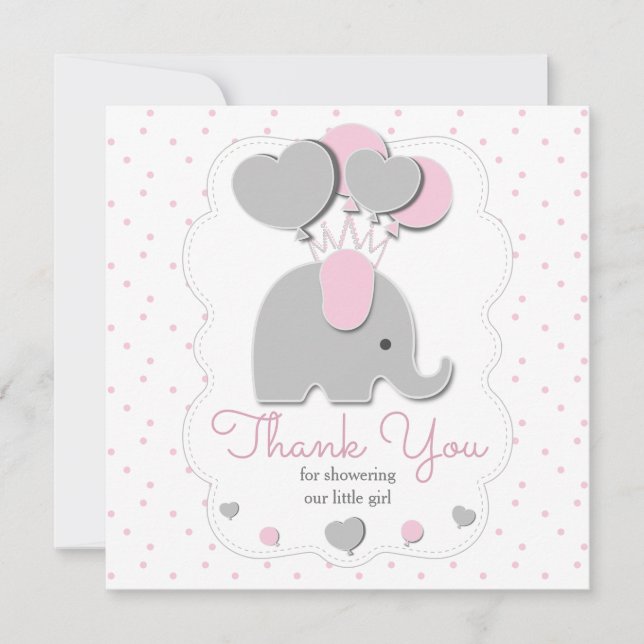 Carte De Remerciements éléphant bébé fille gris rose (Devant)