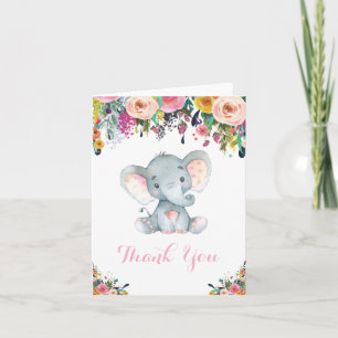 Carte De Remerciements Éléphant Bébé Fille Mignon Floral Rose et Gris
