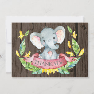 Carte De Remerciements Éléphant Bébé Fille Mignon Rustique Rose et Gris