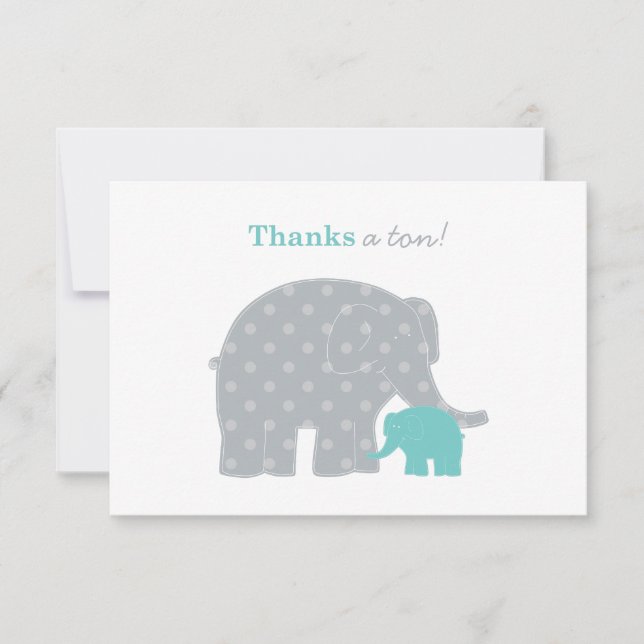 Carte De Remerciements Éléphant Bébé Mère Teal Gris Points (Devant)