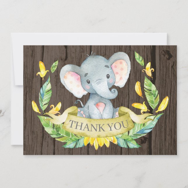 Carte De Remerciements Éléphant Bébé Mignon Rustique Jaune et Gris (Devant)