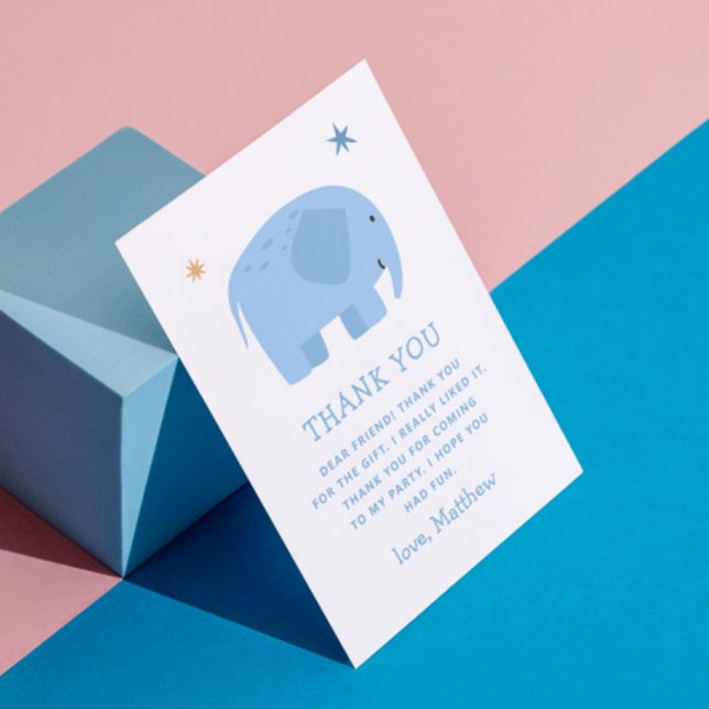 Carte De Remerciements Éléphant Bleu | Anniversaire de Enfants sur le thè (Créateur téléchargé)