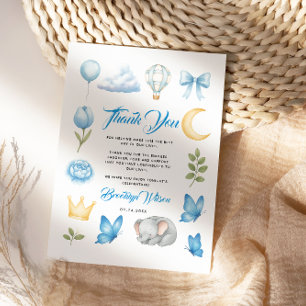 Carte De Remerciements Éléphant Bleu Aquarelle Baby Shower Garçon