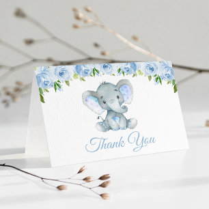 Carte De Remerciements Elephant, Blue Watercolor Flowers, Baby Shower