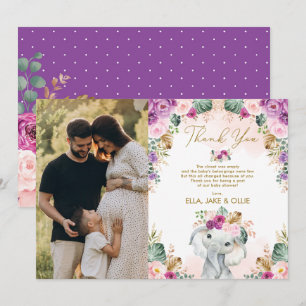 Carte De Remerciements Eléphant Blush rose violet Baby shower Floral Fill
