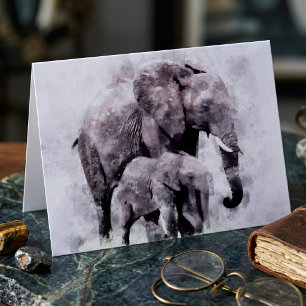 Carte De Remerciements Éléphant d'Afrique femelle avec son éléphanteau aq