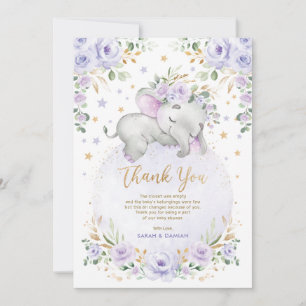 Carte De Remerciements Eléphant doux Blush Purple Lune Étoiles Baby showe